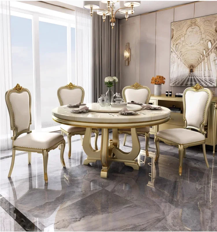 American Light Luxury Solid Wood & European Marble Round Dining Table – Luxury Villa Table & Chair Set