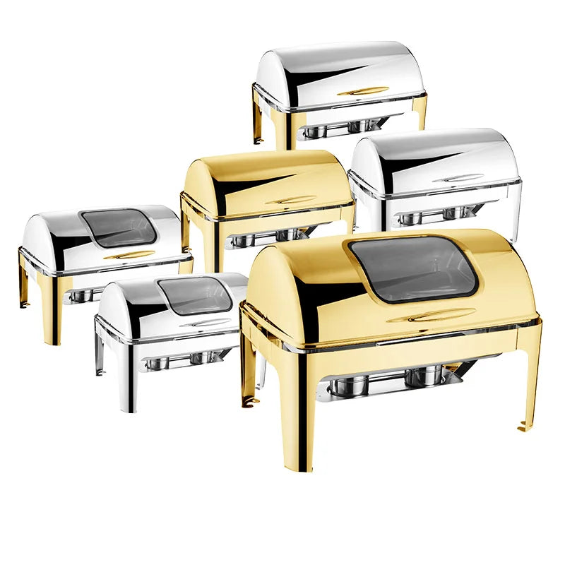 Luxury Restaurant Hotel Roll Top Chaffers Chafing Dish Stainless Steel Commercial Gold Heater Buffet Food Warmer Set