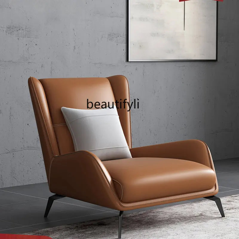 Italian minimalist light luxury couch: a genuine leather single wingback chair