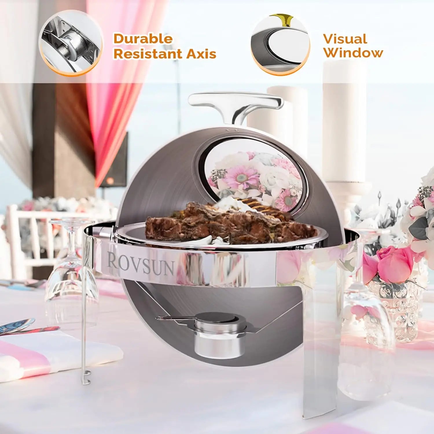 ROVSUN 3 Packs Roll Top Chafing Dish Buffet Set,6 Quart Round Stainless Steel Chafer for Catering,Buffet Servers