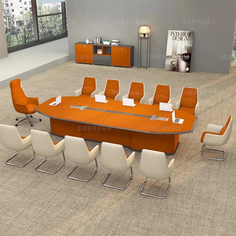 Office Furniture: Modern Lacquered Conference Table with Creative Orange Chair Set