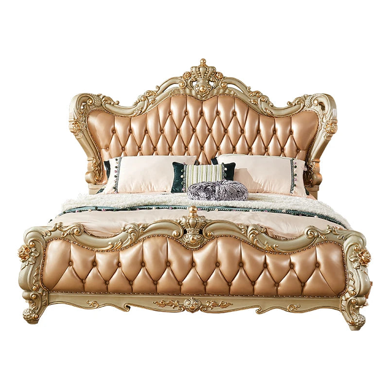 European Style Solid Wood King Bed: 1.8m Double Head with Layered Cowhide and Oak Carvings—Ideal for Master Bedrooms and Weddings.