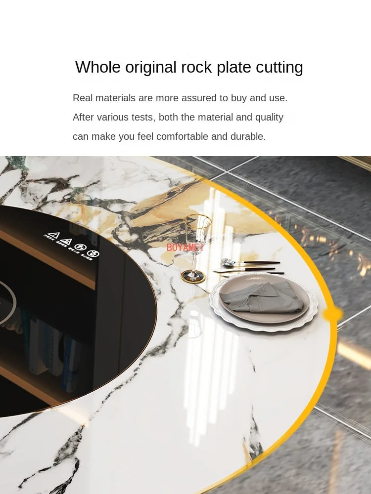 dining table and chair combination Modern simple household light rock plate embedded electric warm dish turntable dining table