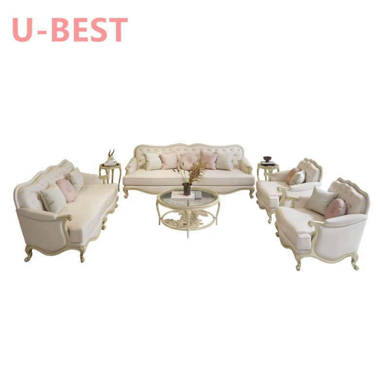 U-BEST Antique Style Hand Carved Solid Oak Wood Frame Sofa Fabric Cushion Loveseat Royal Gold Stainless Steel Wedding Sofa