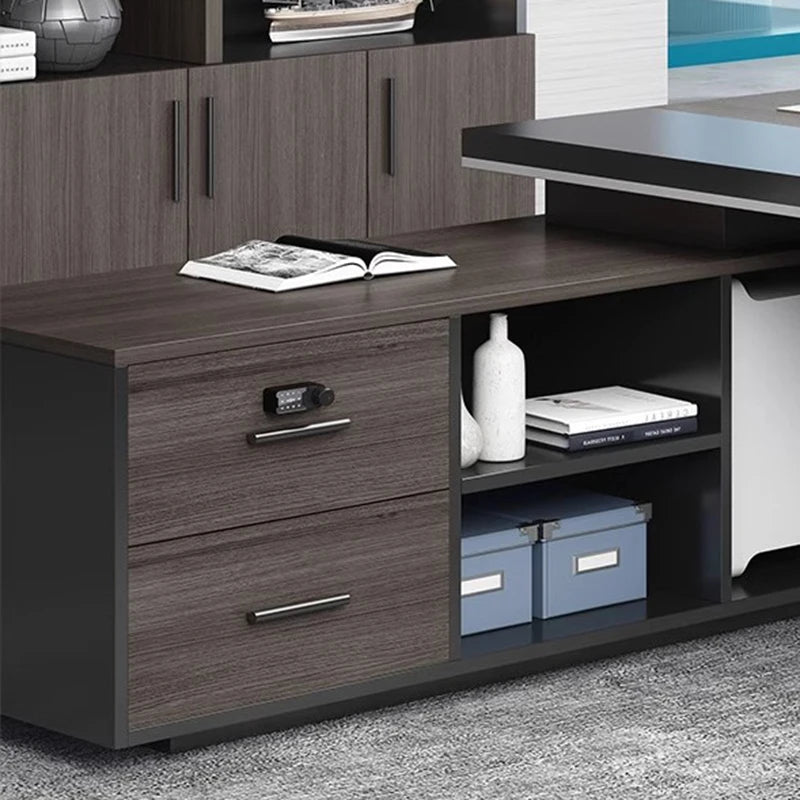 Black L-shaped executive office desks with drawer