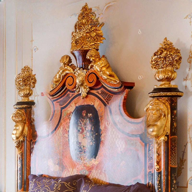 French Painted Double Bed – European Solid Wood, Carved, Luxury Royal Wedding Bed