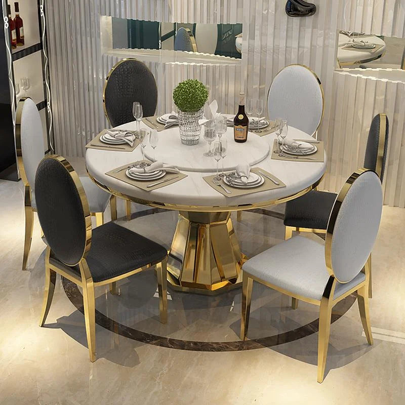 Luxury Natural Marble Round Dining Table Set – Portable Stainless Steel with 6 Chairs