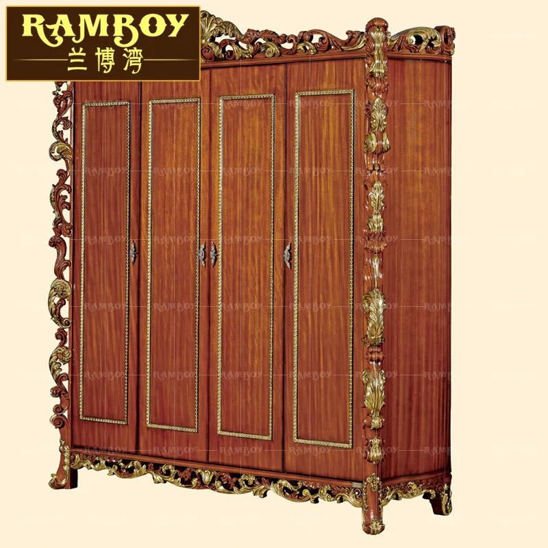 Italian Luxury Classical European Solid Wood Carved Wardrobe, Four-Door Villa Palace Bedroom Locker