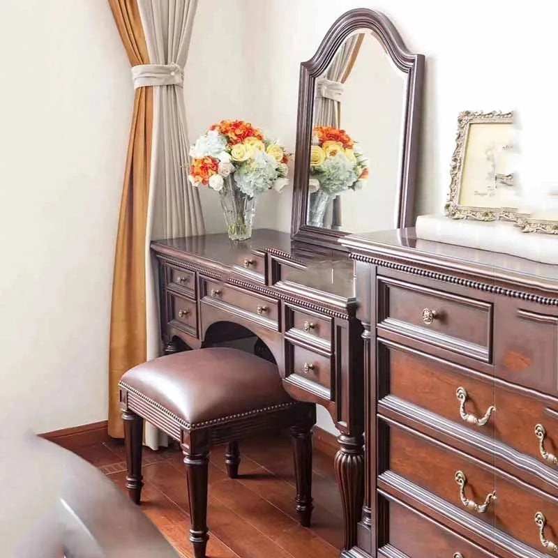 Brown Stool Dresser: Wooden Luxury Dressing Table with Drawers and Mirror