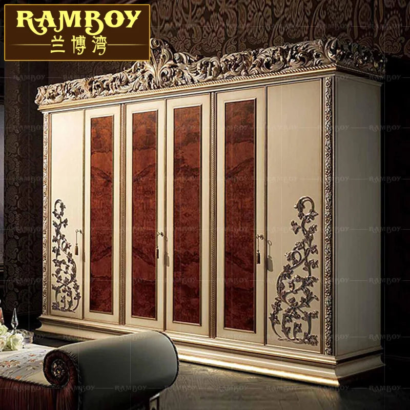 Villa Italian luxury wardrobe European solid wood carving six-door wardrobe bedroom locker