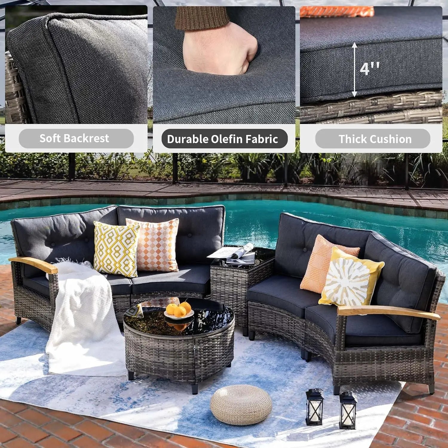 9-Piece Outdoor Patio Furniture Set: Half-Moon Curved Rattan Sectional Sofa with Wood Armrests for Stylish Conversation.