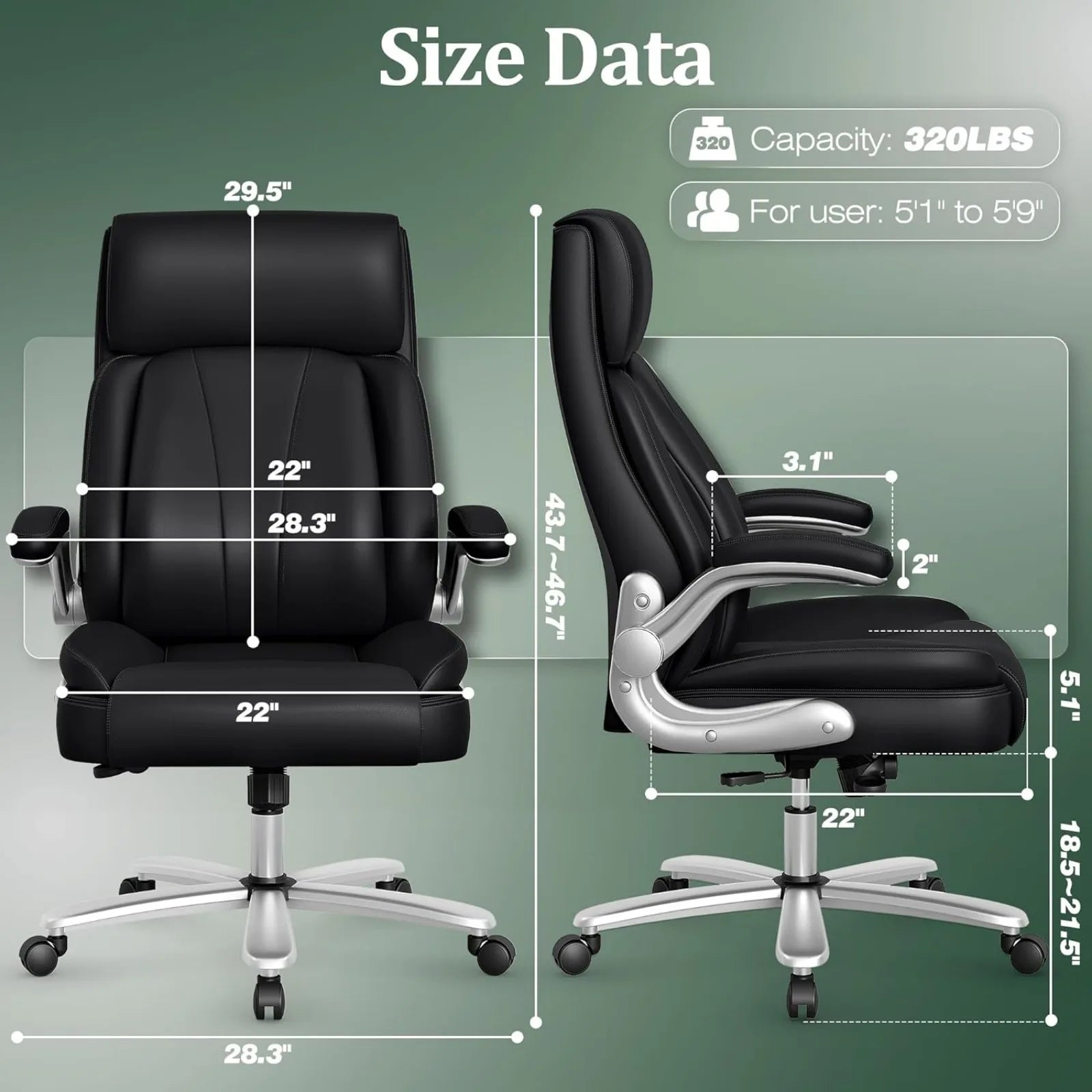 US Ergonomic Office Chair, 300LBS Big and Tall Executive Leather Chair with PU Leather,Adjustable Lumbar Support,