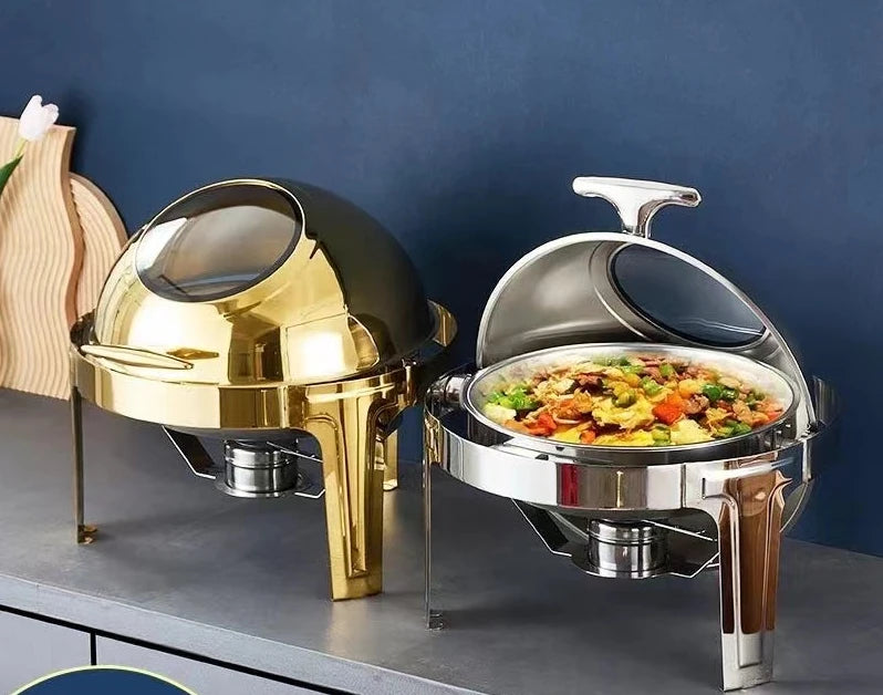 uffet clamshell6L Stainless Steel Buffet Chafing Dish Set – Gold Clamshell Food Warmer for Catering and Buffets.