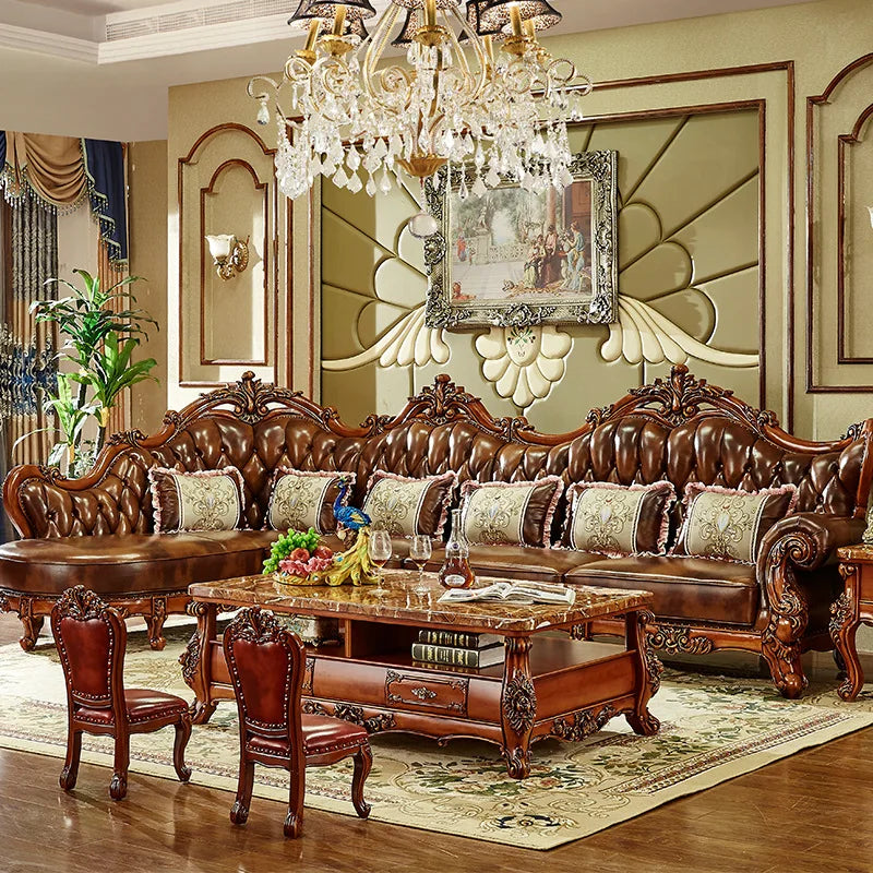 European-style corner sofa made from first-layer leather and American cowhide. Luxurious design with solid wood carvings, perfect for villa living rooms.