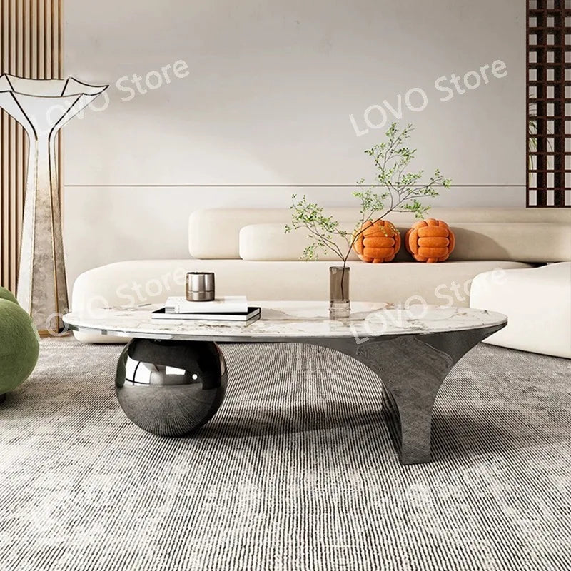 Nordic Oval Coffee Table – Luxury Marble Top with Metal Frame Legs