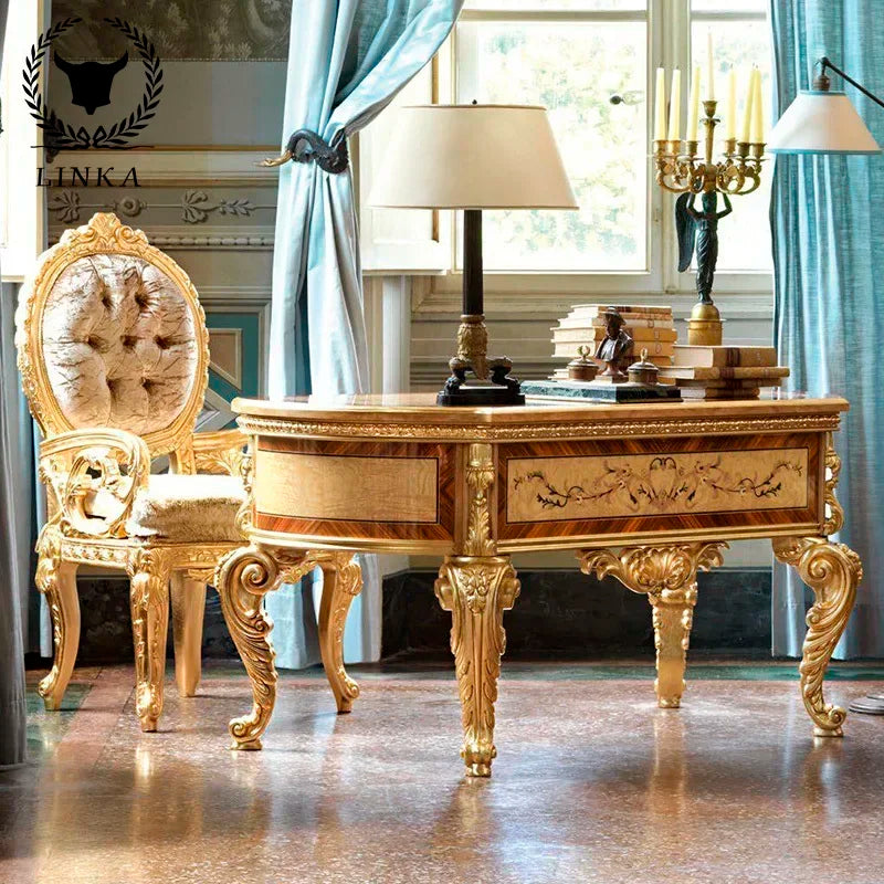 European Court Luxury French Desk – Painted Gold Foil, Customizable Computer Desk