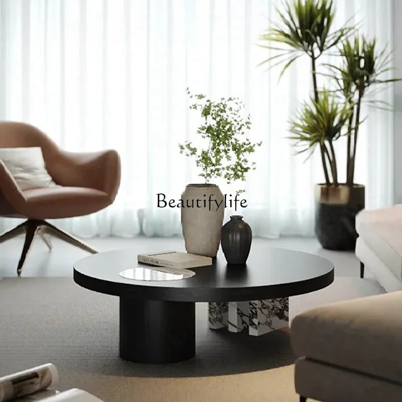 Italian black round coffee table modern simple light luxury marble rock slab coffee table