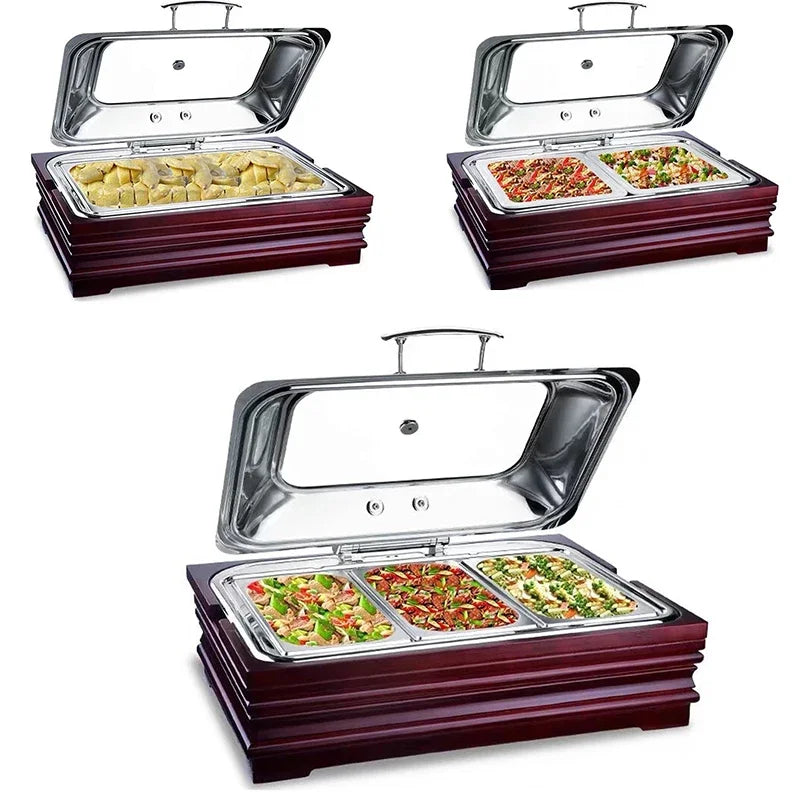 Wood Buffet Food Warmer Display 9L Chafing Dish with Stand Tray Hydraulic Electric Heater Wooden Chafing Dish