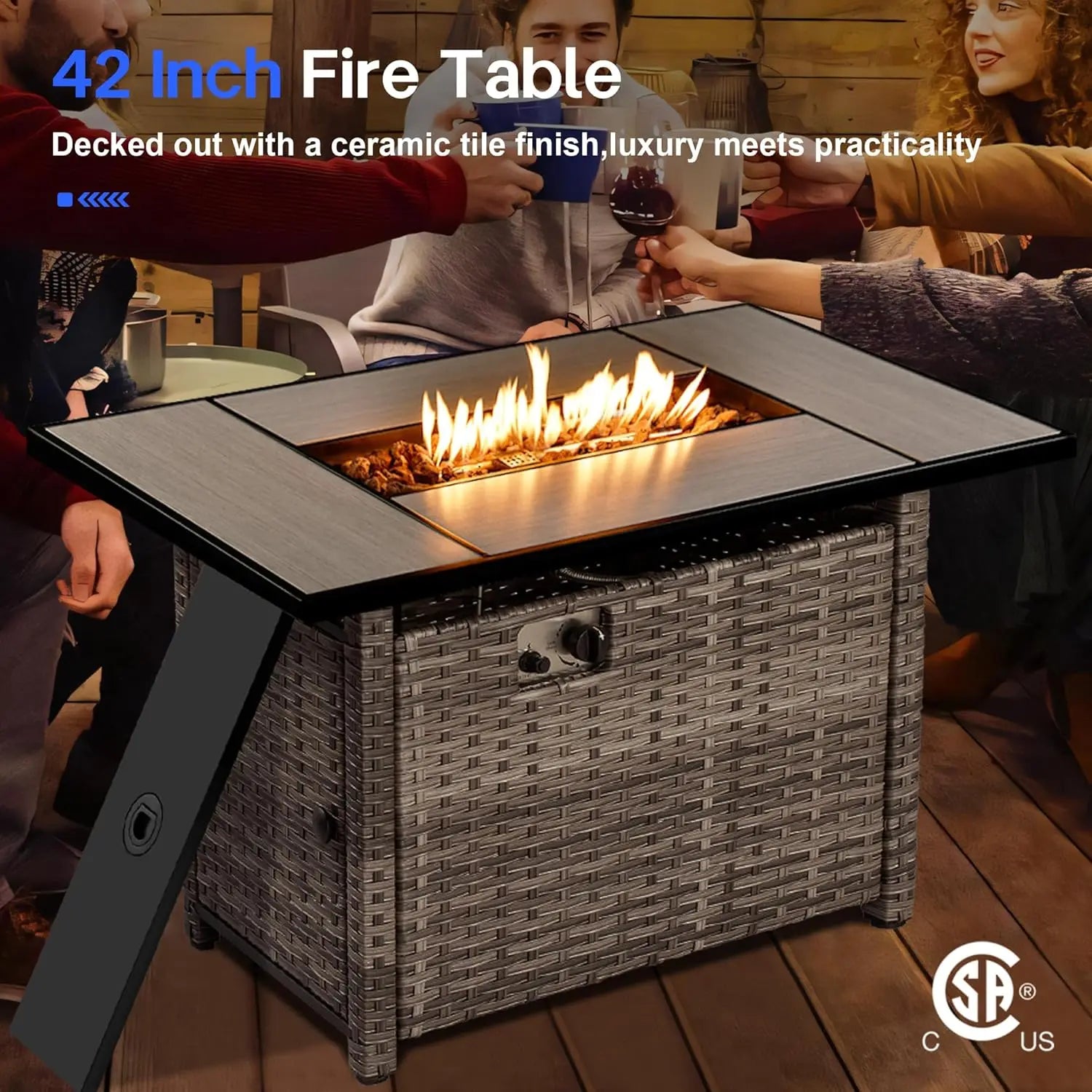 Outdoor 7-Piece Patio Furniture Set with Fire Pit Table and Swivel Rocking Chairs, All-Weather Wicker.