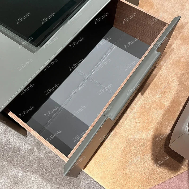 Italian Minimalist Saddle Leather 360° Rotating Glass Coffee Table – High-End, Light Luxury