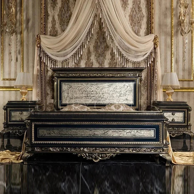 Custom solid wood European-style luxury double bed with intricate carvings