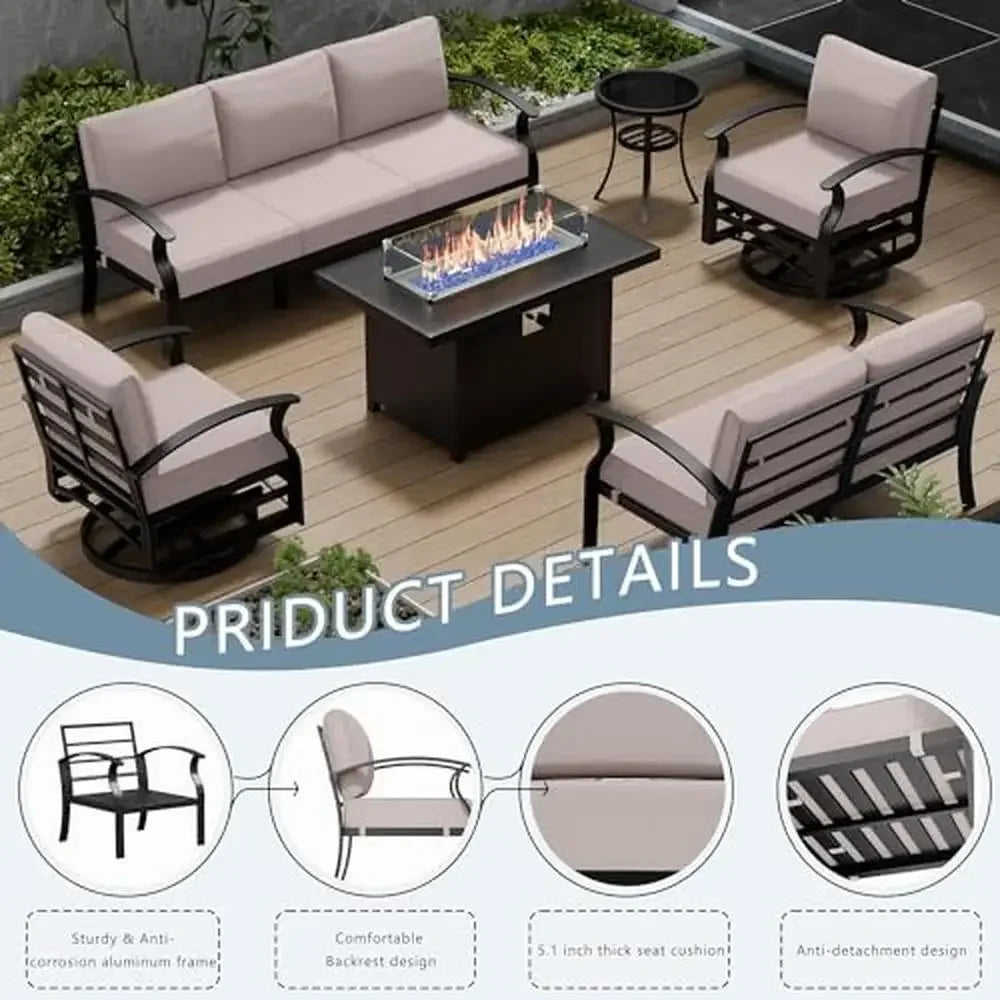 7-Seater Aluminum Patio Furniture Set with Fire Pit Table and Swivel Chairs, featuring Modern Design and Thick Cushions