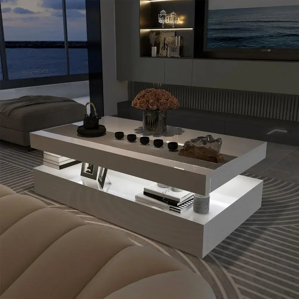 Modern green coffee table with high gloss finish and RGB LED lighting