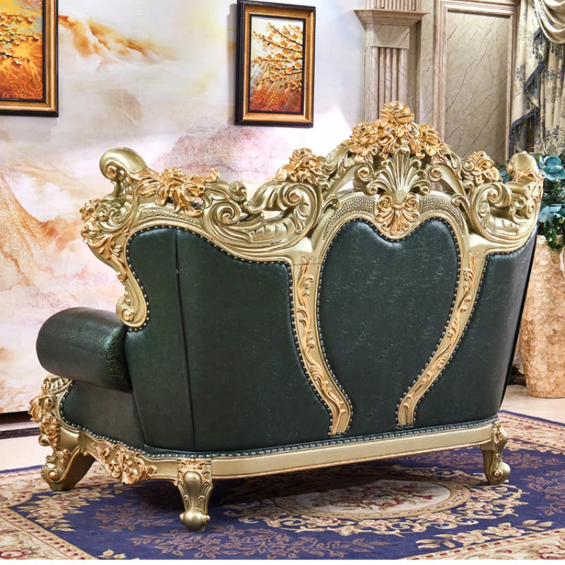 European Style Solid Wood Sofa Set – Luxury 123 Combination with Top Layer Leather