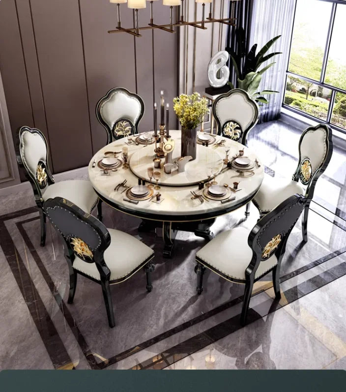 American Marble & Solid Wood Round Dining Table with Turntable – Light Luxury Dining Table & Chair Set