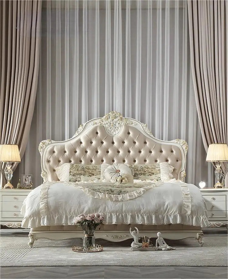 Versailles-style French fabric double bed, crafted from solid wood