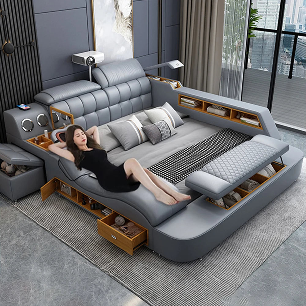 Genuine Leather Tech Smart Multifunctional Bed with Massage, USB, and Projector.