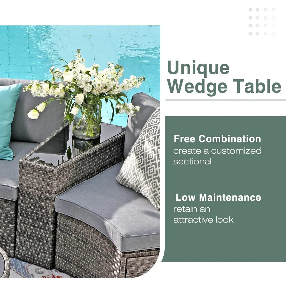 Half-Moon Sectional Sofa with Tempered Glass Coffee Table and 4 Pillows.