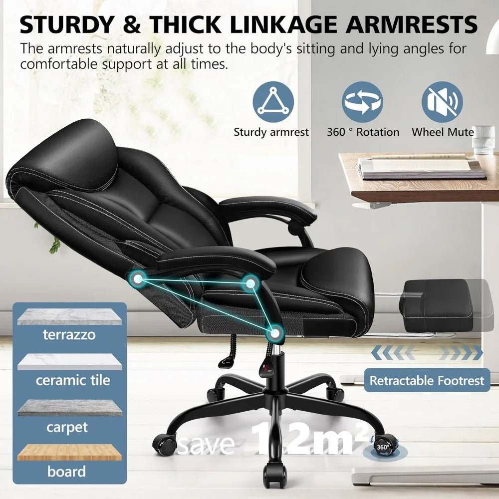 Office Chair, Ergonomic, Comfortable PU Leather, High Back Reclining, with Footstool, Lumbar Back Support, Executive Chair