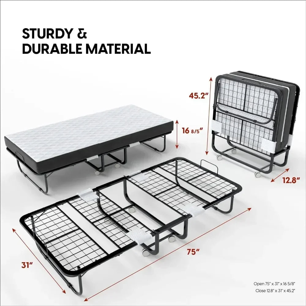 Folding Bed with 5-inch Memory Foam Mattress – Portable, 75x31 Size, for Guests