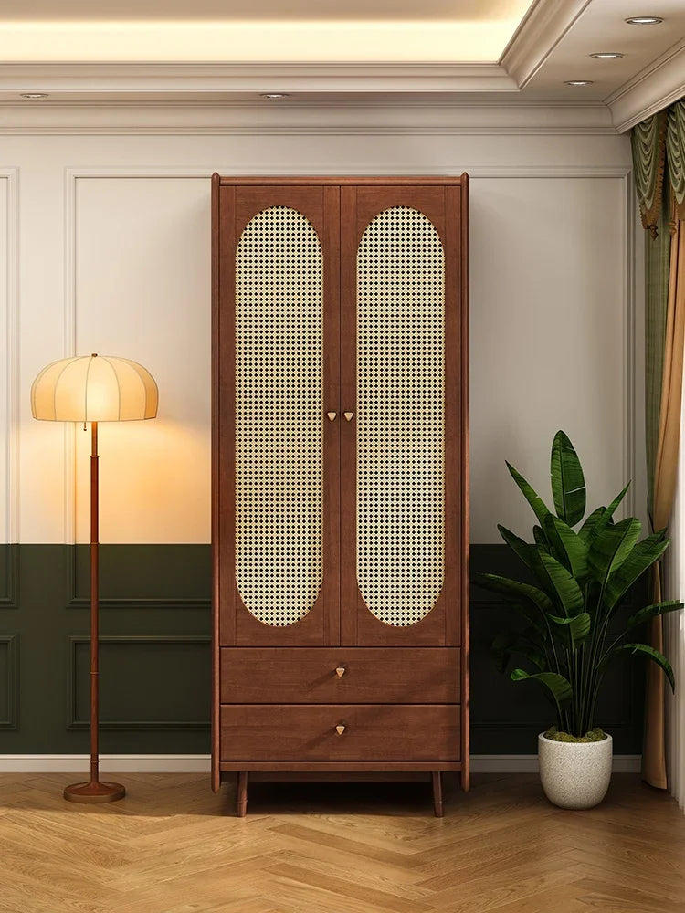 Solid Wood Wardrobe – American and French Style, Retro Design with Rattan Sliding Doors