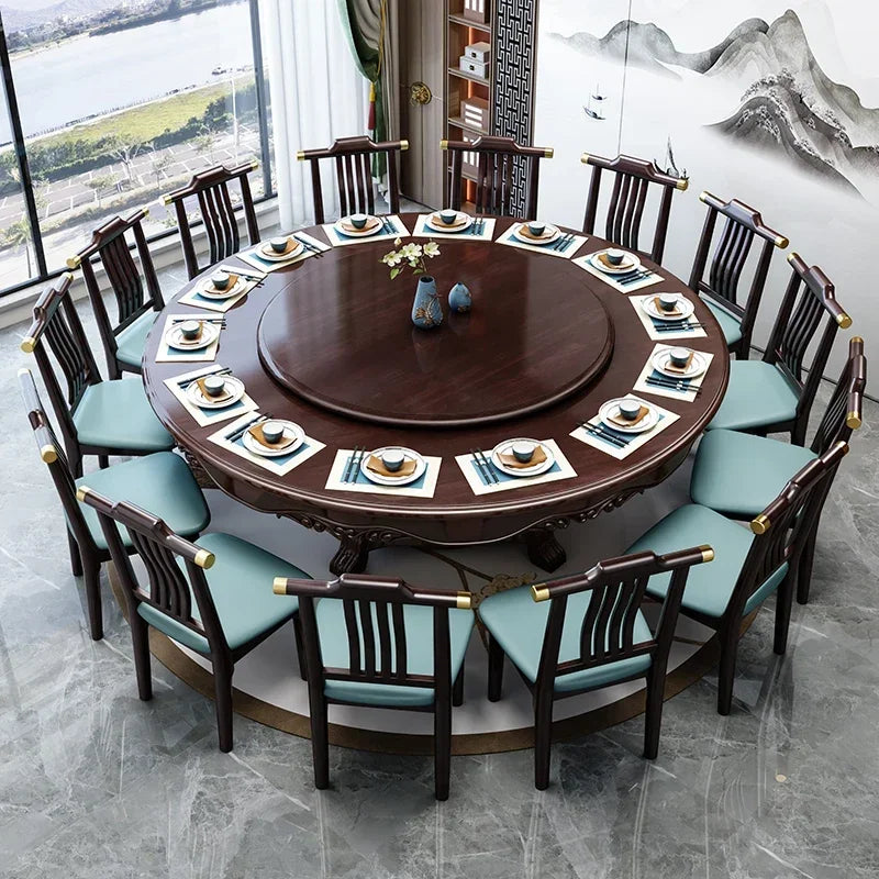 Solid wood round dining table and chair combination New Chinese style household large round hotel with turn