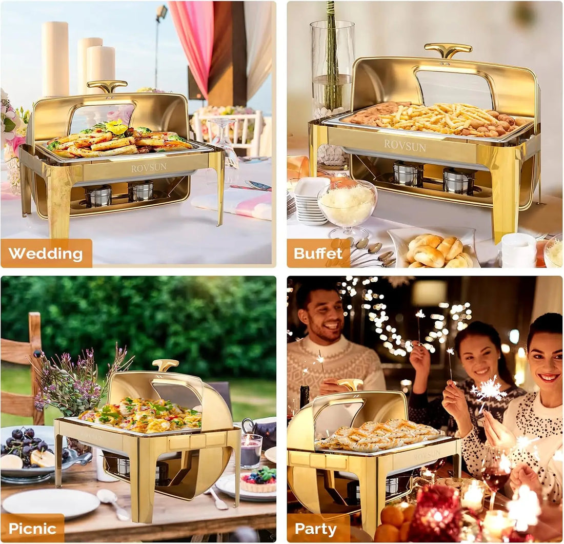 ROVSUN 9QT 3 Packs Roll Top Chafing Dish Buffet Set,Rectangular NSF Stainless Steel Buffet Warmer Chafers and Buffet Warmers