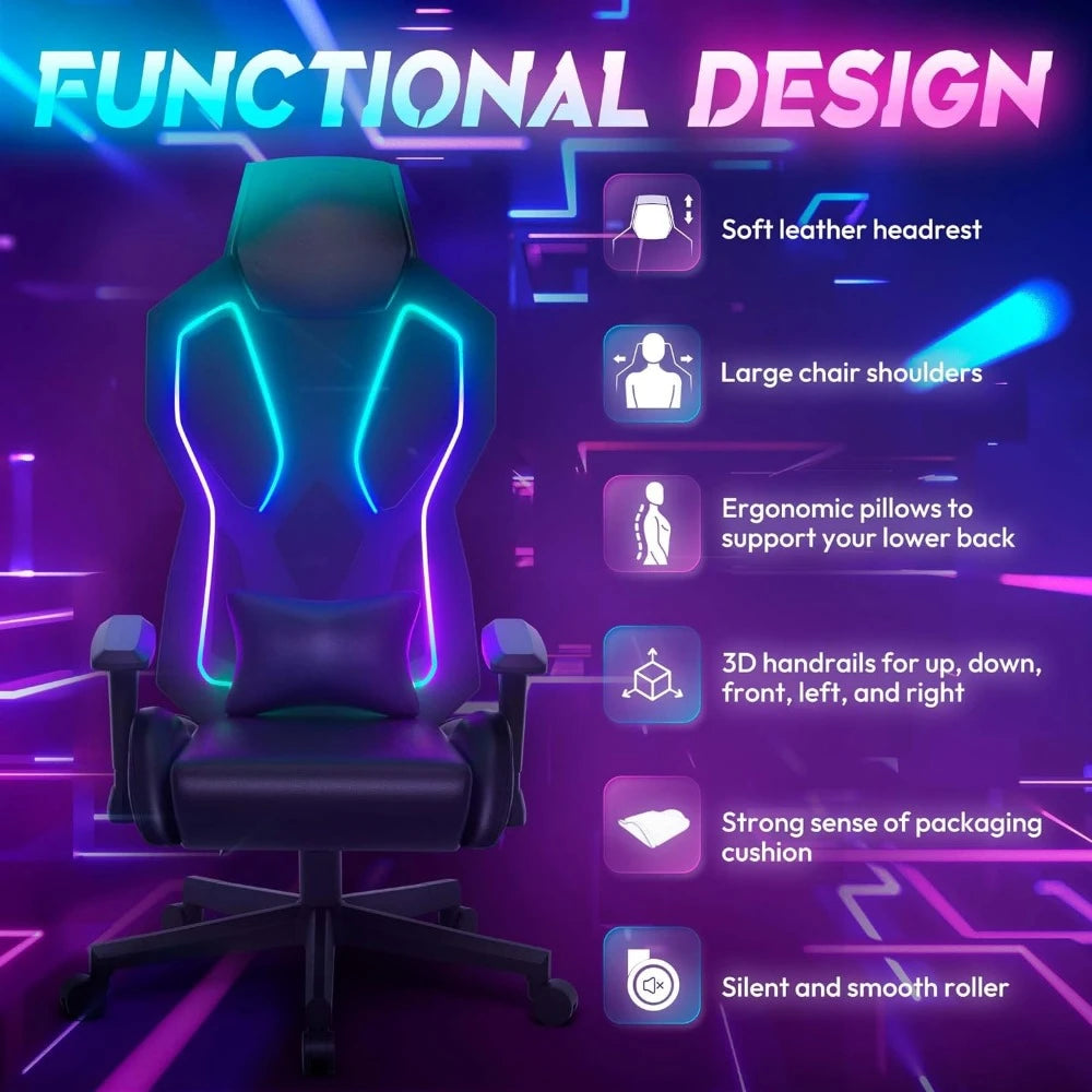 Gaming Chair with LED Lights, Ergonomic Computer Chair for Adults, Reclining Chair, with Adjustable Lumbar Support, Headrest