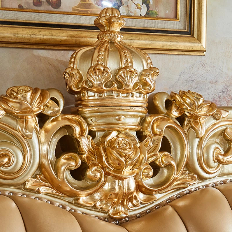 European Style Genuine Leather Sofa Set – Luxury Villa Furniture with Full Solid Wood Carvings