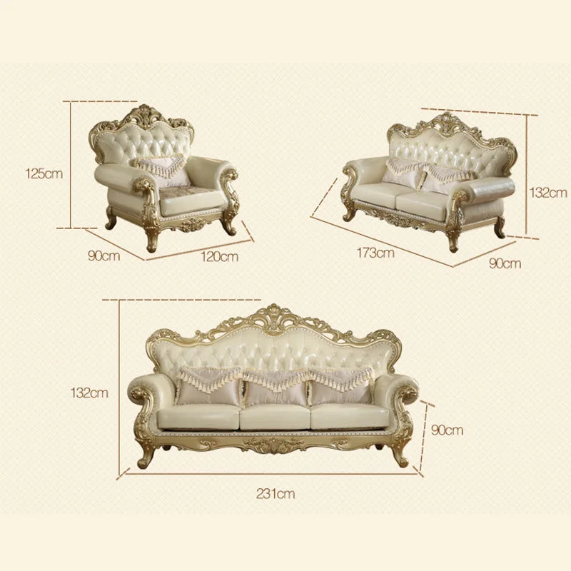 European-Style Leather Sofa Combination 123: Luxury Full Solid Wood Oak Sofas, Champagne Couch for Modern Living Rooms.