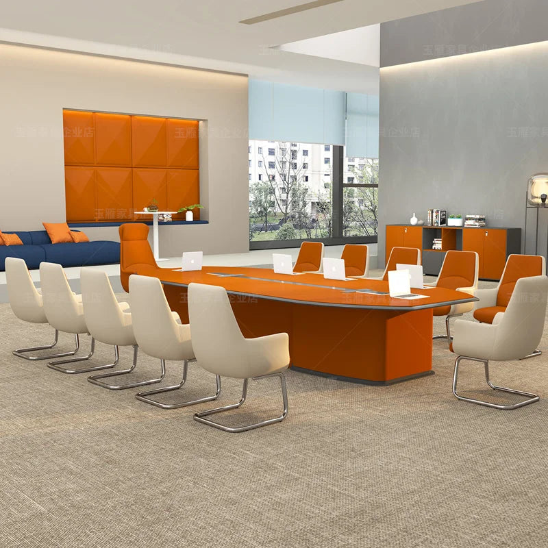 Office Furniture: Modern Lacquered Conference Table with Creative Orange Chair Set