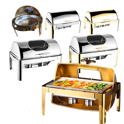 Commercial Chafing Dish – Rectangular Golden Buffet Food Warmer for Catering and Restaurant Equipment.