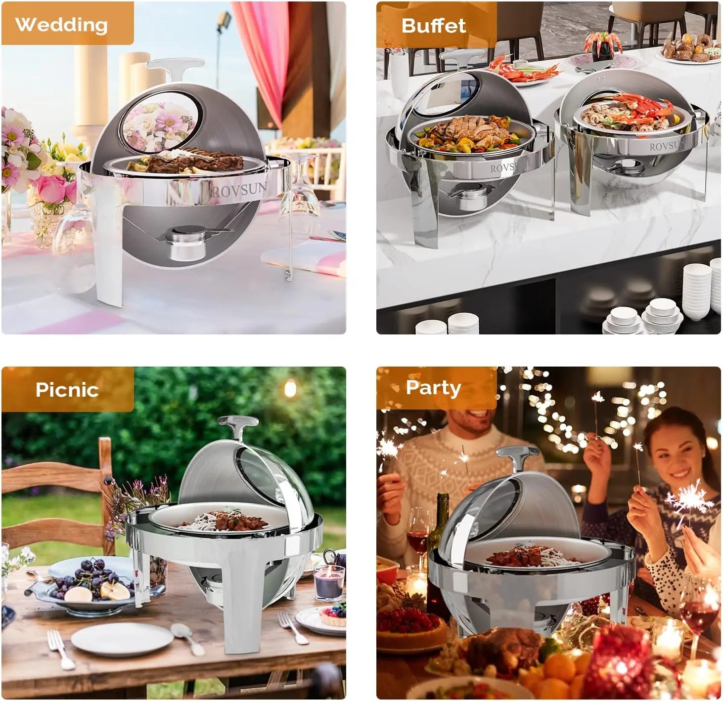 ROVSUN 3 Packs Roll Top Chafing Dish Buffet Set,6 Quart Round Stainless Steel Chafer for Catering,Buffet Servers