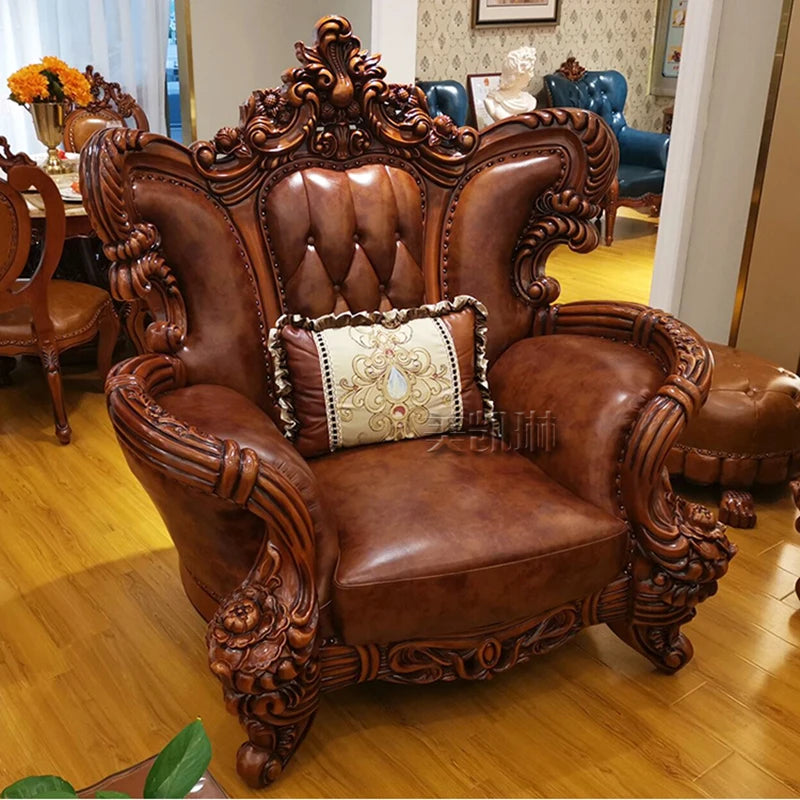 European-Style Leather Sofa: Luxury Imported Solid Wood, Double-Sided Carved, High-End Furniture for Villa Living Rooms