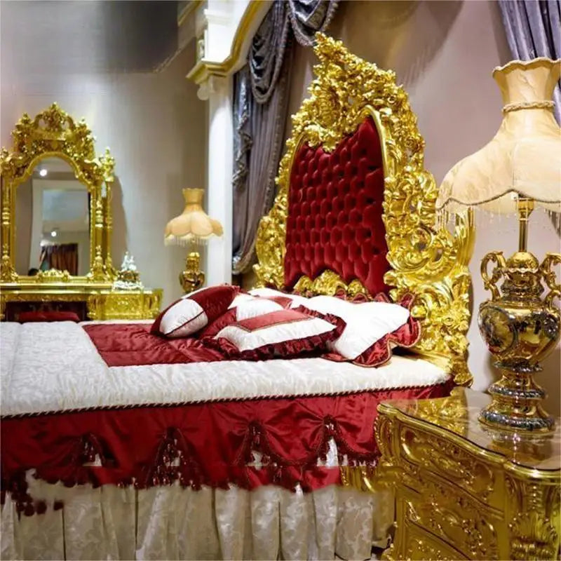 Luxury European style fabric bed Italian court French style gold foil solid wood double bed villa bedroom bedside table