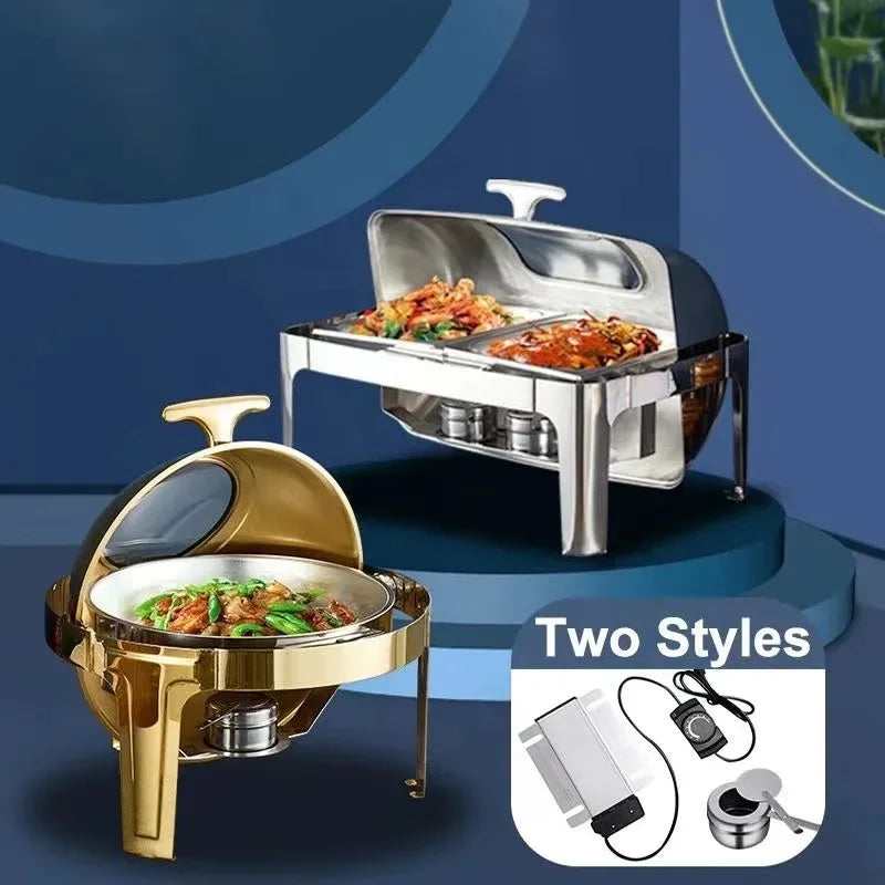 uffet clamshell6L Stainless Steel Buffet Chafing Dish Set – Gold Clamshell Food Warmer for Catering and Buffets.