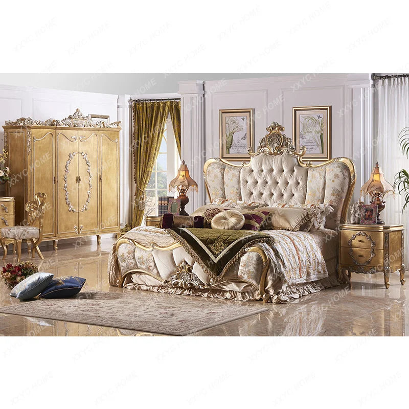 French-inspired retro solid wood double bed, featuring fabric upholstery and elegant carvings