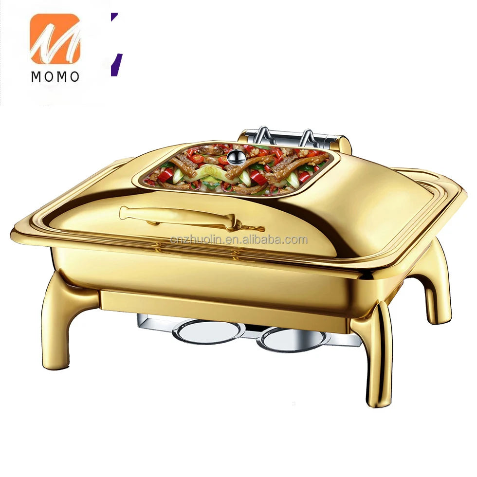 Gold and Silver Buffet Chafing Dish – Rectangular Roll-Top Food Warmer for Restaurants and Catering.