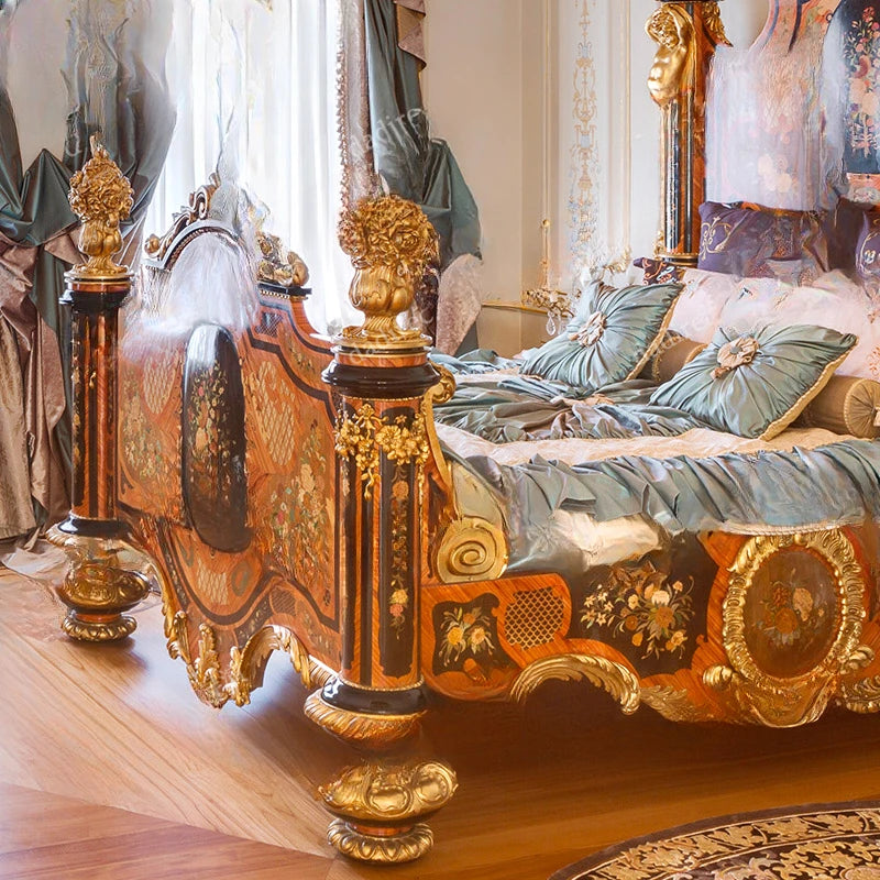 French Painted Double Bed – European Solid Wood, Carved, Luxury Royal Wedding Bed