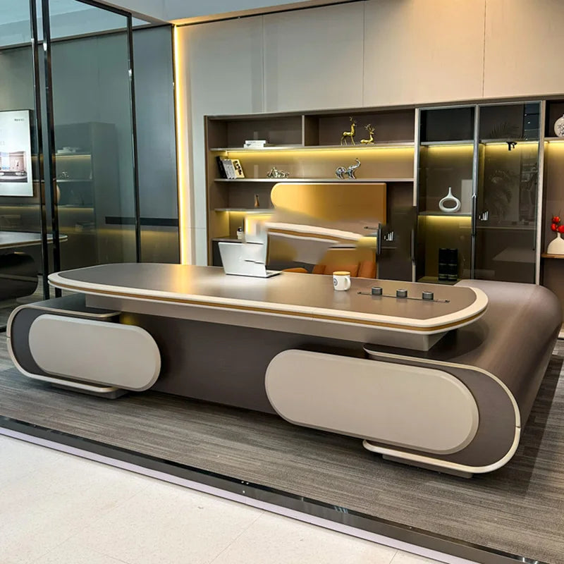 White Office Desk with Drawers—Organizers for Writing and Computer Monitors